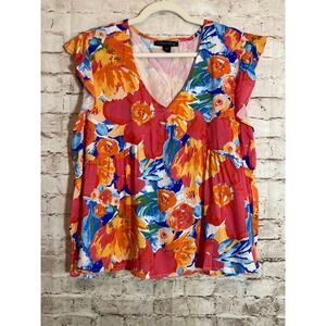A Love Story Babydoll Top Womens XXL Colorful Tropical‎ Floral Flutter Sleeve